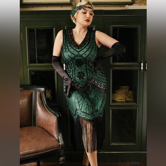 Gatsby 1920’s Emerald Green Sequins Flapper Dress Sz 3X - Picture 1 of 17